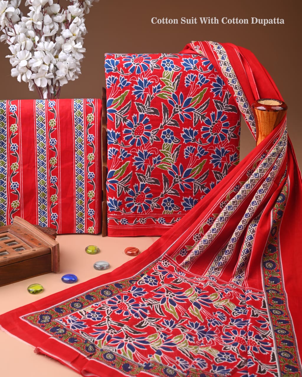 Designer Hand Block Print Cotton Suit Set with Mulmul Dupatta(WACOTMU185)