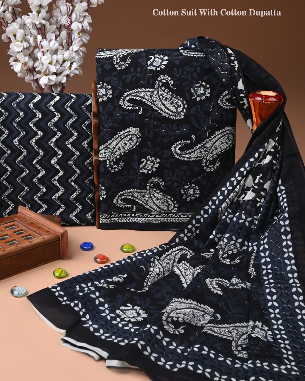 Designer Hand Block Print Cotton Suit Set with Mulmul Dupatta(WACOTMU184)