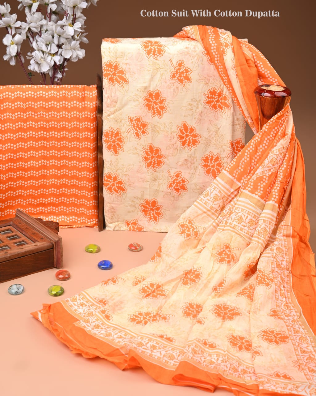Designer Hand Block Print Cotton Suit Set with Mulmul Dupatta(WACOTMU182)