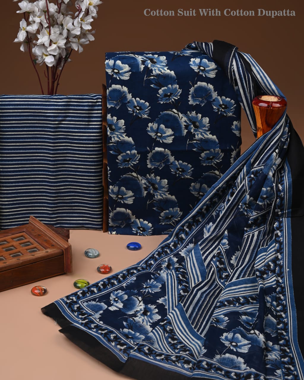 Designer Hand Block Print Cotton Suit Set with Mulmul Dupatta(WACOTMU181)