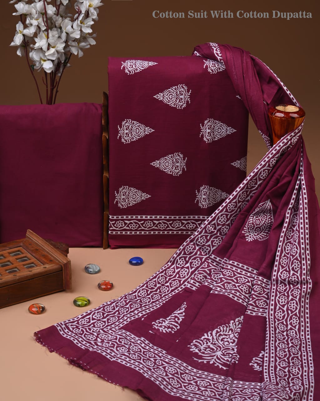 Designer Hand Block Print Cotton Suit Set with Mulmul Dupatta(WACOTMU179)