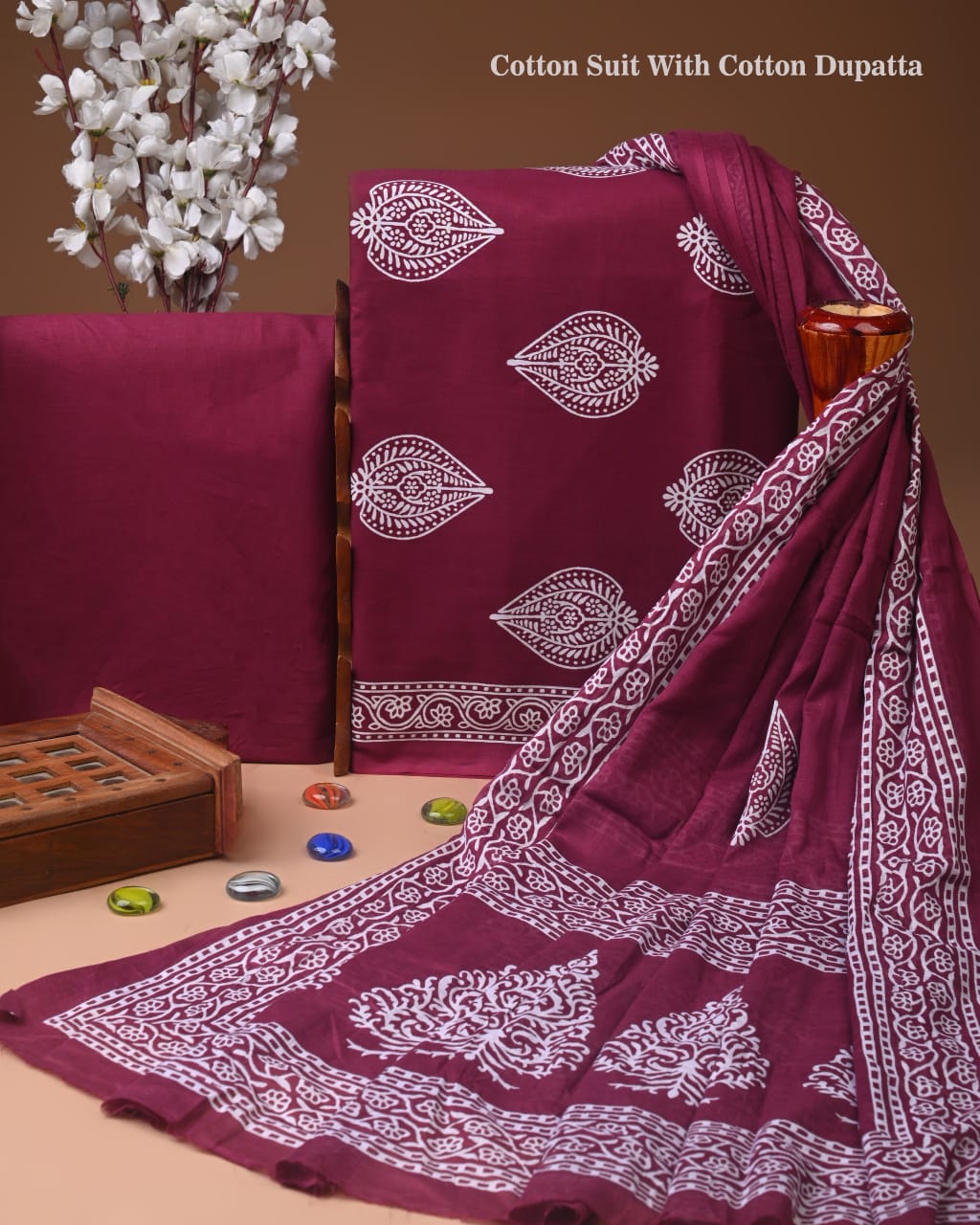 Designer Hand Block Print Cotton Suit Set with Mulmul Dupatta(WACOTMU170)
