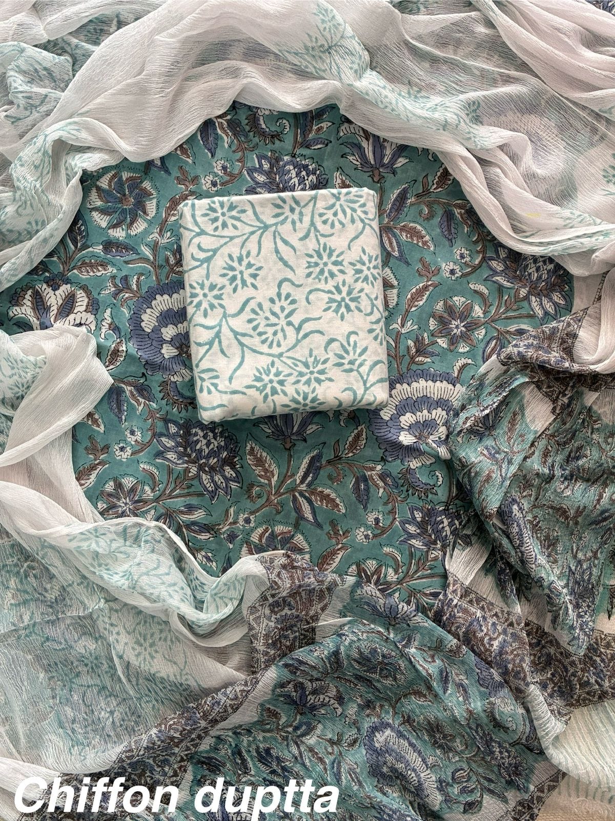 New Premium Hand Block Print Cotton Suit Set with Chiffon Dupatta(WACFCOTMU13)