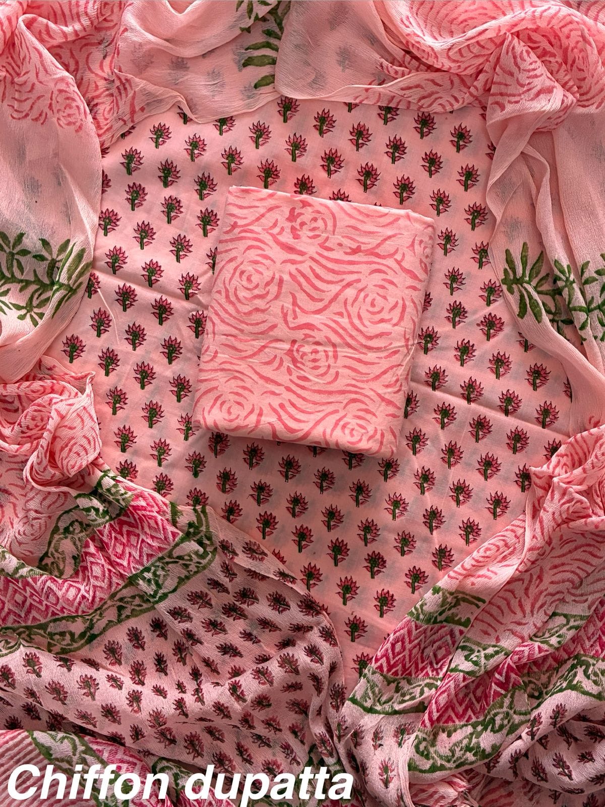 New Premium Hand Block Print Cotton Suit Set with Chiffon Dupatta(WACFCOTMU21)