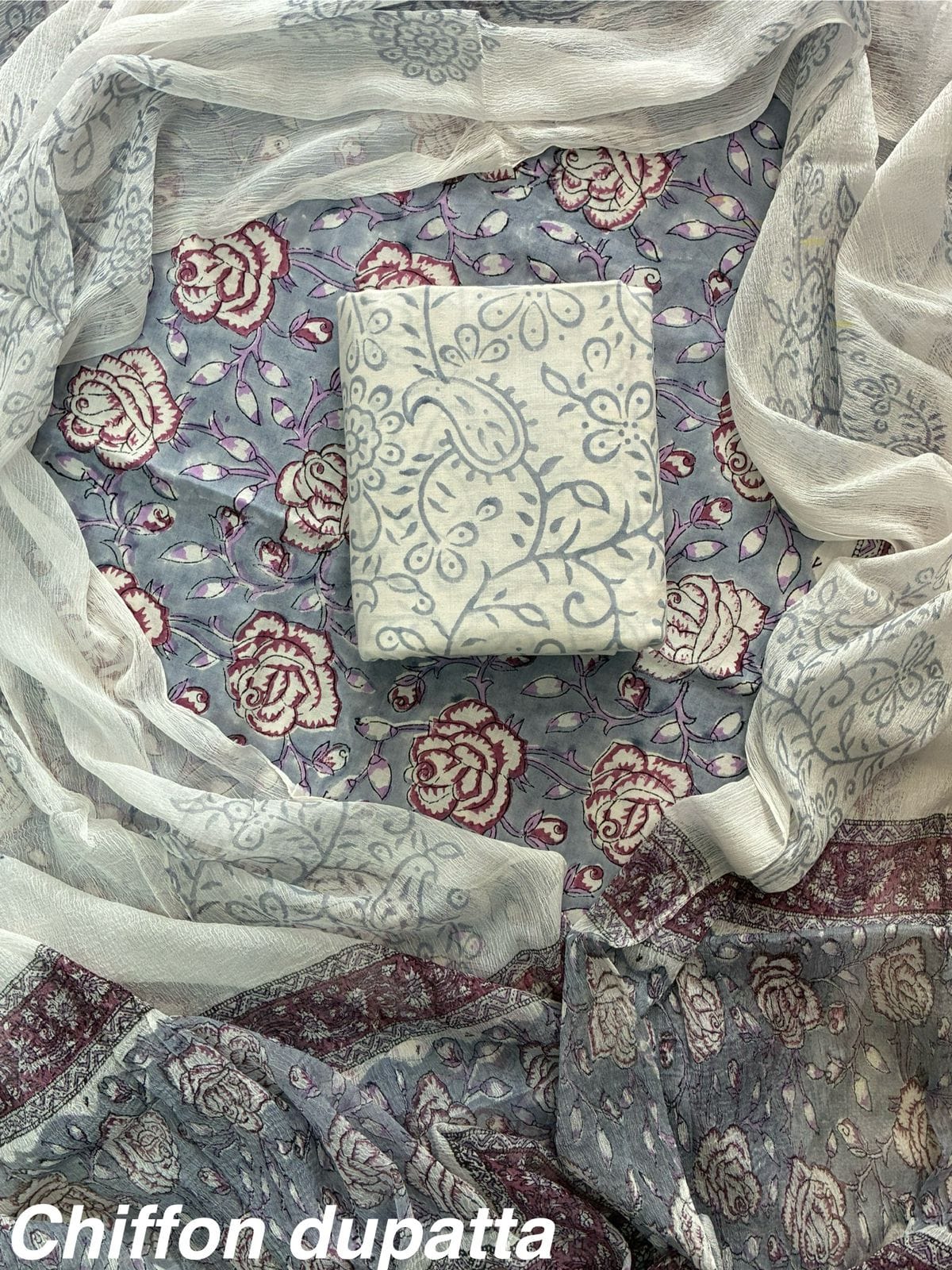 New Premium Hand Block Print Cotton Suit Set with Chiffon Dupatta(WACFCOTMU56)