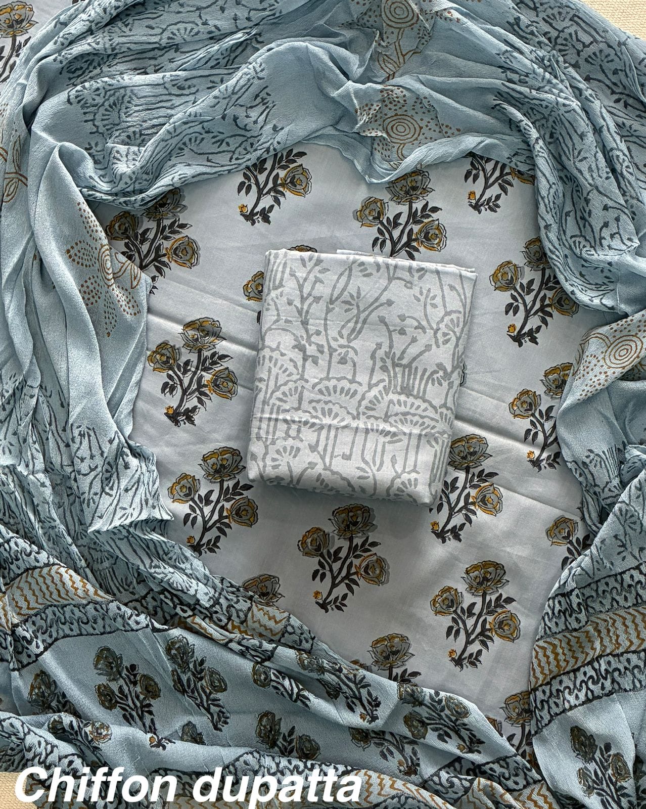 JAAL HAND BLOCK PRINT COTTON SUIT SET WITH CHIFFON DUPATTA(WACFCOTMU39)