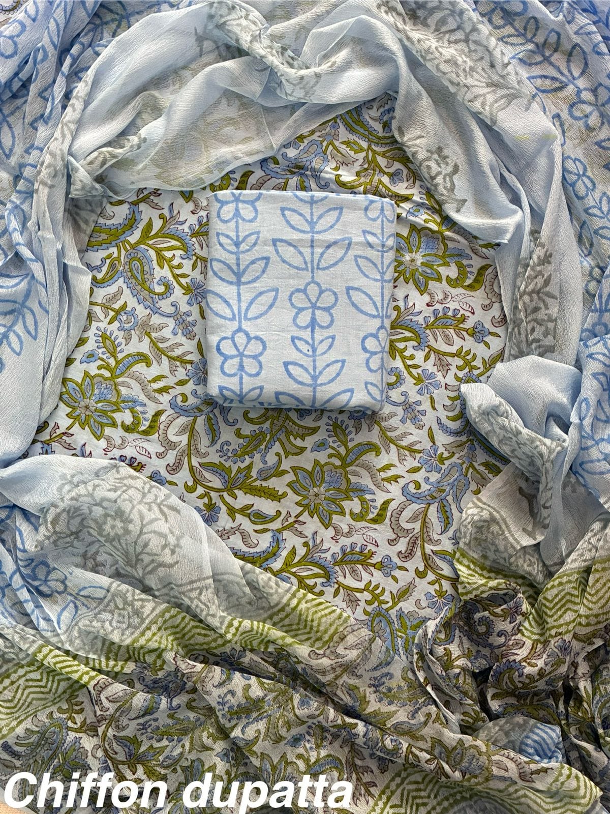 JAAL HAND BLOCK PRINT COTTON SUIT SET WITH CHIFFON DUPATTA(WACFCOTMU37)