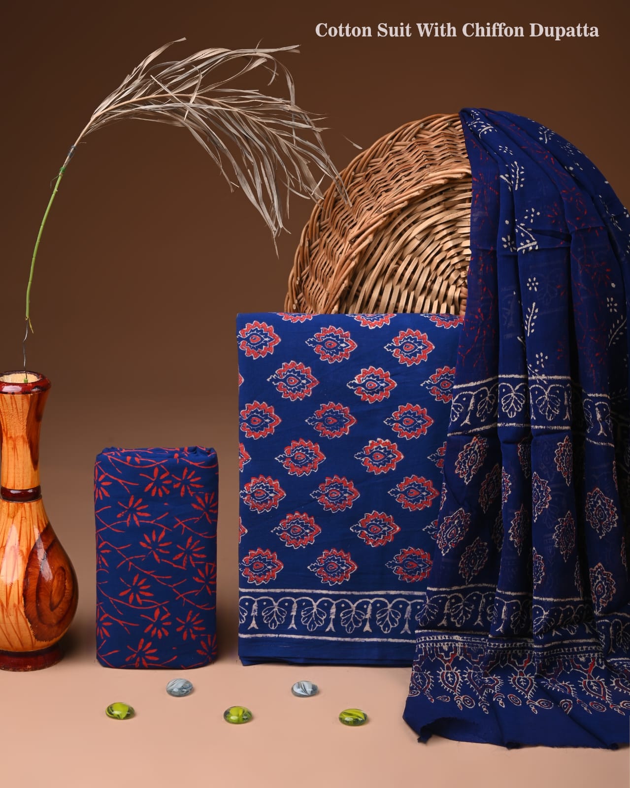 JAAL HAND BLOCK PRINT COTTON SUIT SET WITH CHIFFON DUPATTA(WACFCOTMU84)