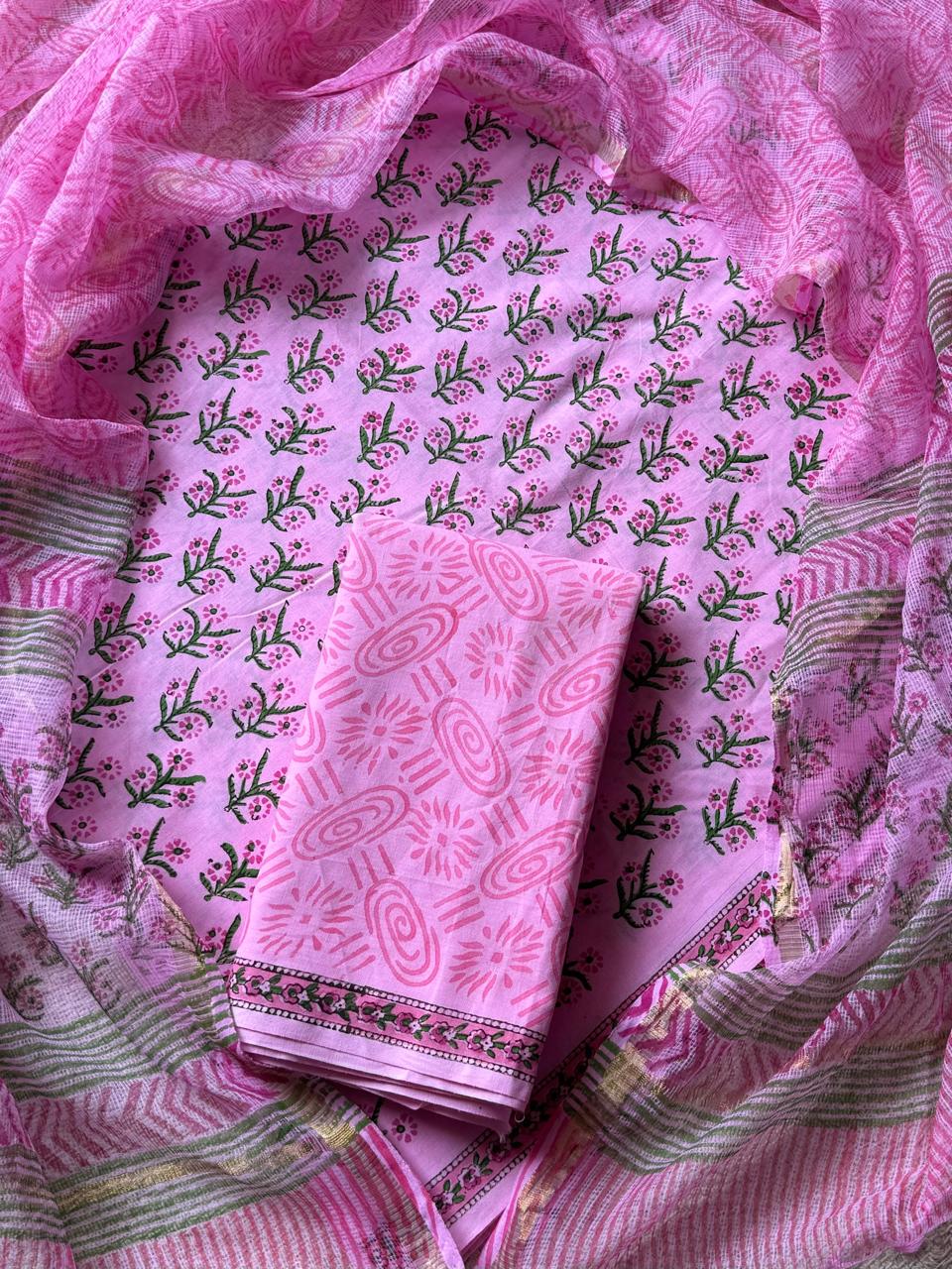 DESIGNER HAND BLOCK PRINT COTTON SUIT SET WITH KOTA DORIA DUPATTA(WAKOTMU04)