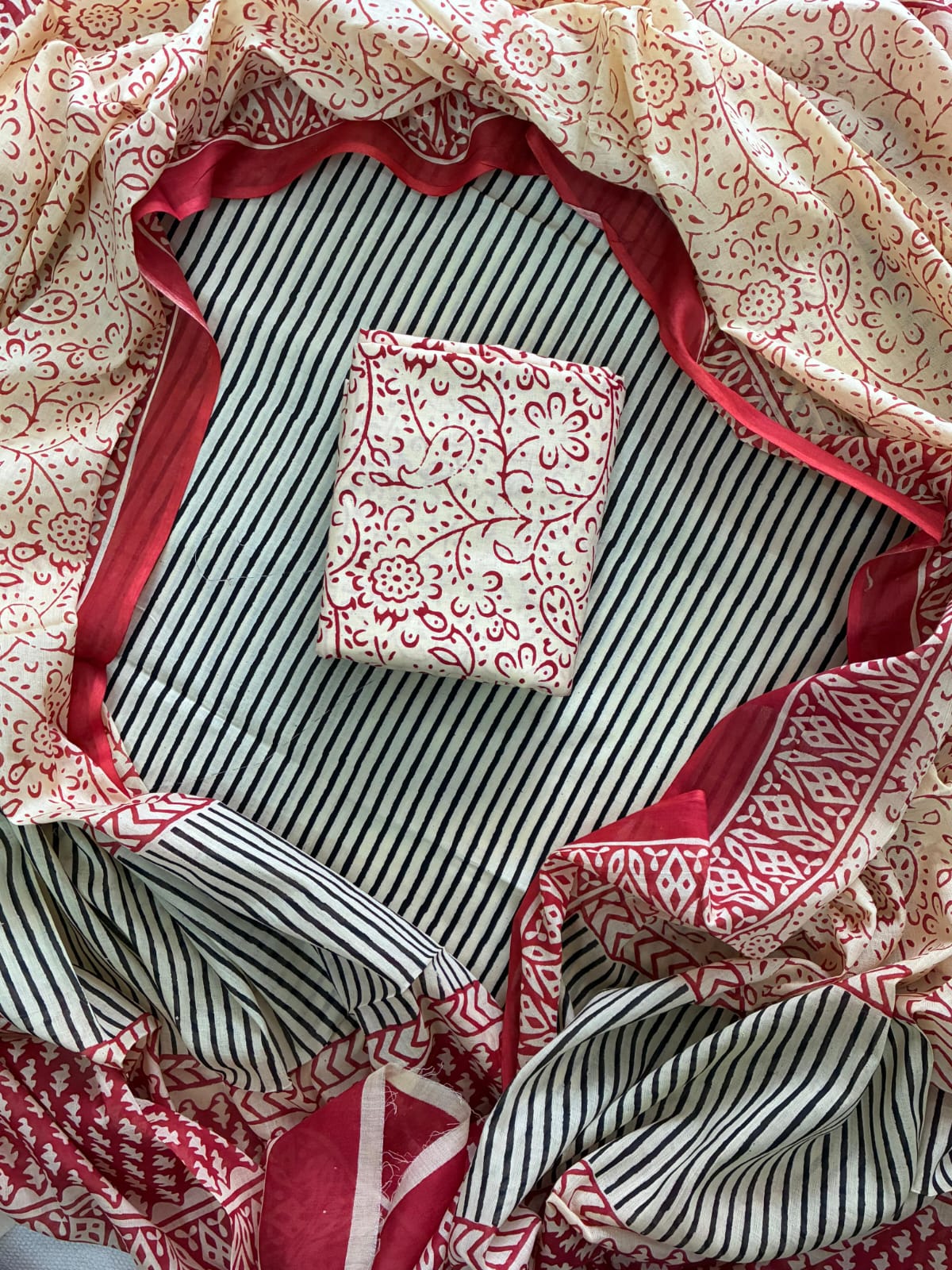 Designer Hand Block Print Cotton Suit Set with Mulmul Dupatta(WACOTMU118)