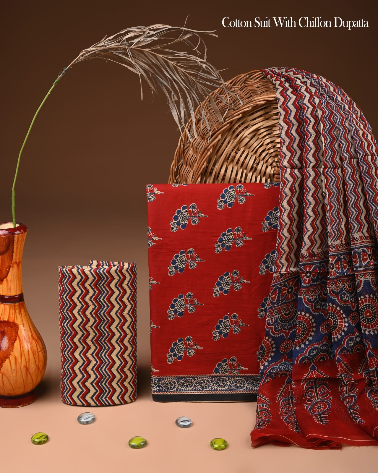 New Premium Hand Block Print Cotton Suit Set with Chiffon Dupatta(WACFCOTMU15)