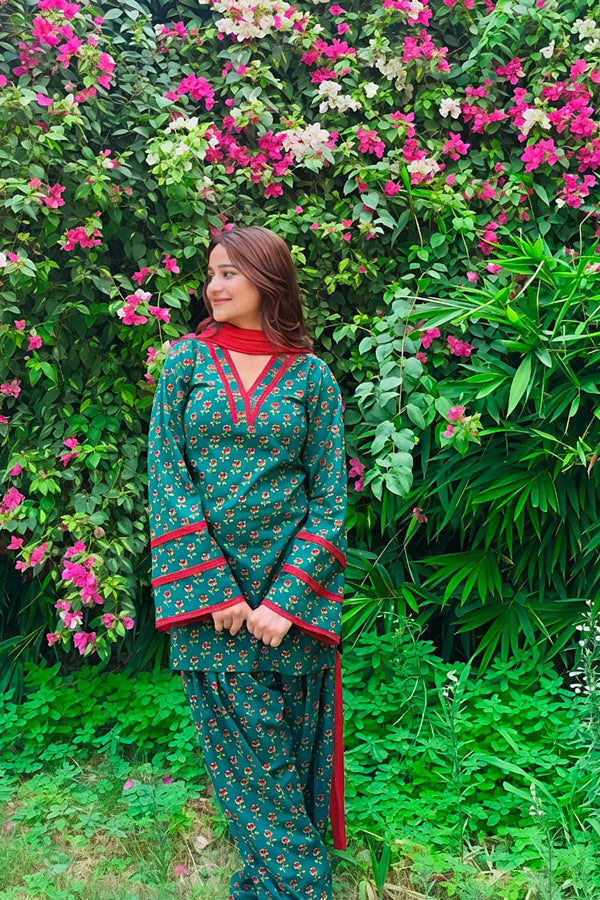 Teal Printed Kurta Palazzo Set with Contrast Dupatta (RS07)