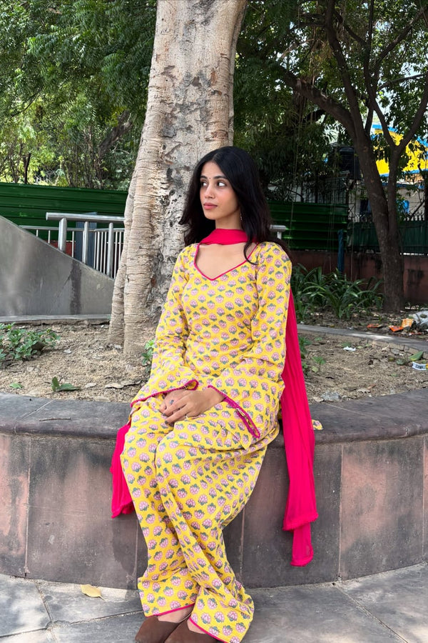 Yellow Printed Kurta Palazzo Set with Contrast Dupatta (RS08)