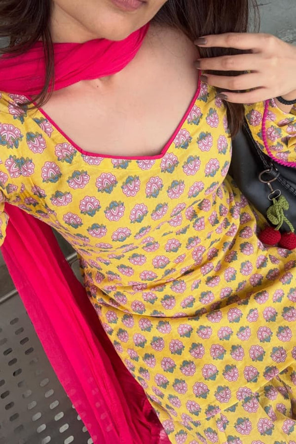 Yellow Printed Kurta Palazzo Set with Contrast Dupatta (RS08)