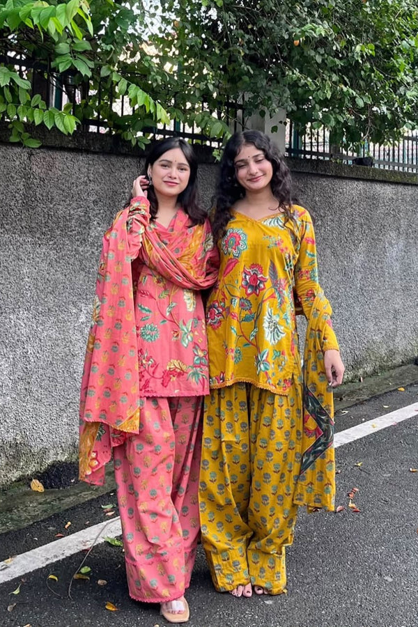 Women’s Floral Printed Cotton Kurta Pant Set with Dupatta (RD82)