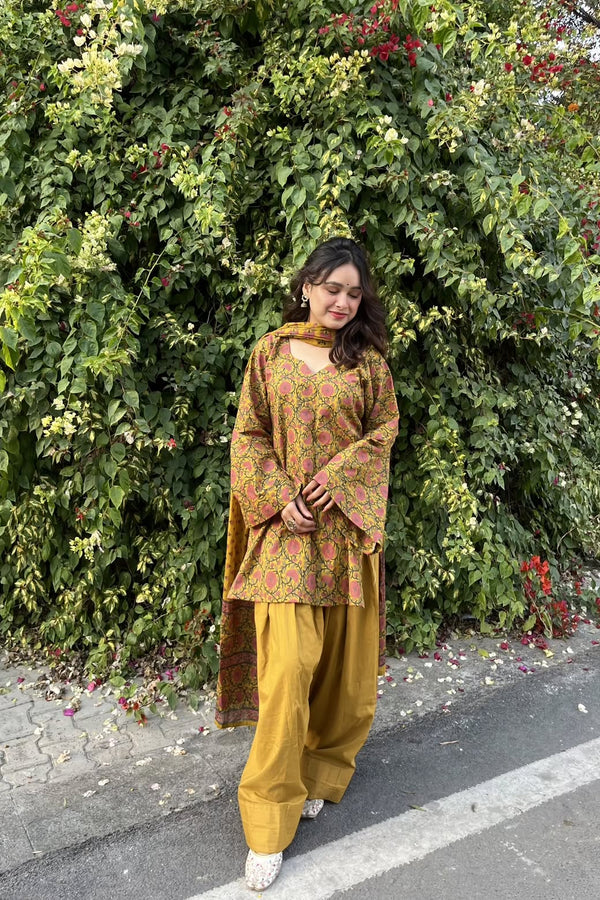 Women’s Premium Cotton Printed Kurta Pant & Dupatta Set – Mustard Floral Print (RD79)