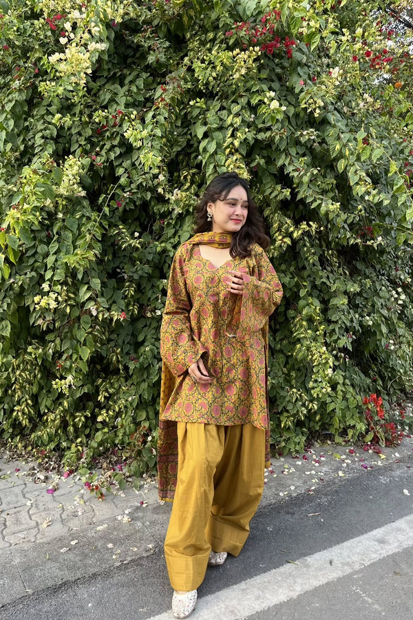 Women’s Premium Cotton Printed Kurta Pant & Dupatta Set – Mustard Floral Print (RD79)