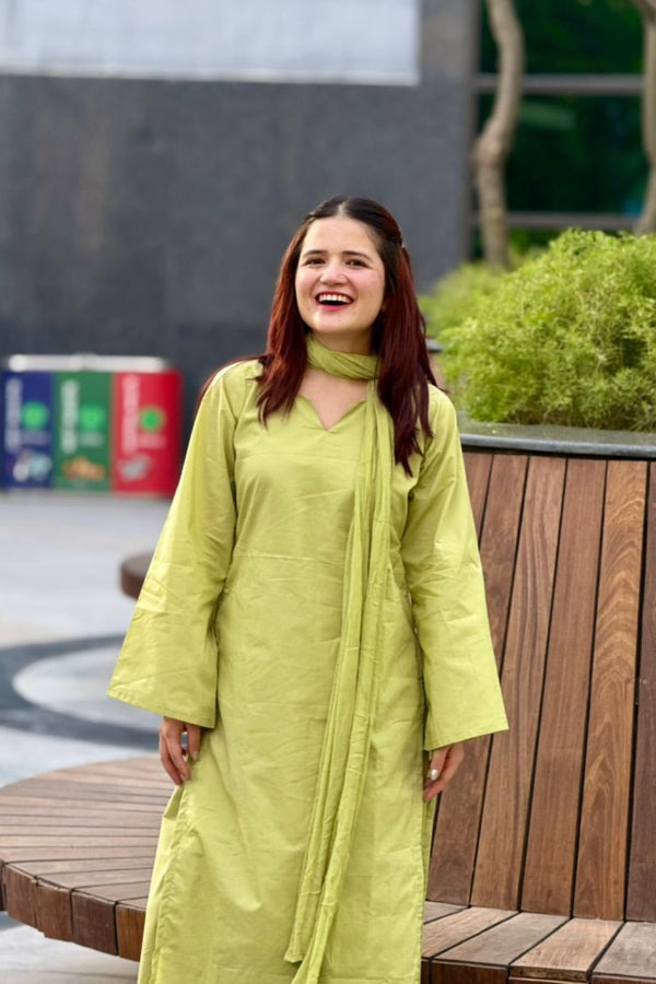 Women’s Cotton Solid Kurta Pant & Dupatta Set – Lime Green Co-Ord Ethnic Suit (RD81)