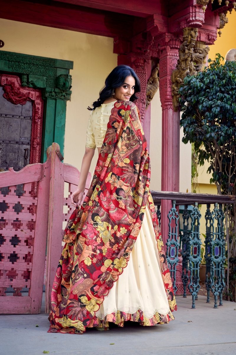 VICHITRA SILK THREAD EMBROIDERED AND KALAMKARI PRINTED LEHENGA CHOLI WITH DUPATTA (WDN89) 01 - suitswala