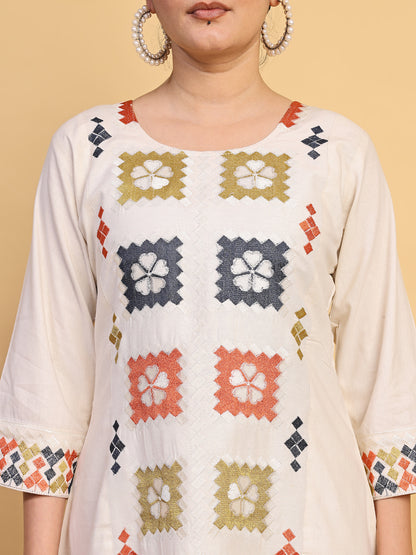 Women's Off White Multicolor Embroidered Asymmetrical Kurta Palazzo Set (RRRD58)