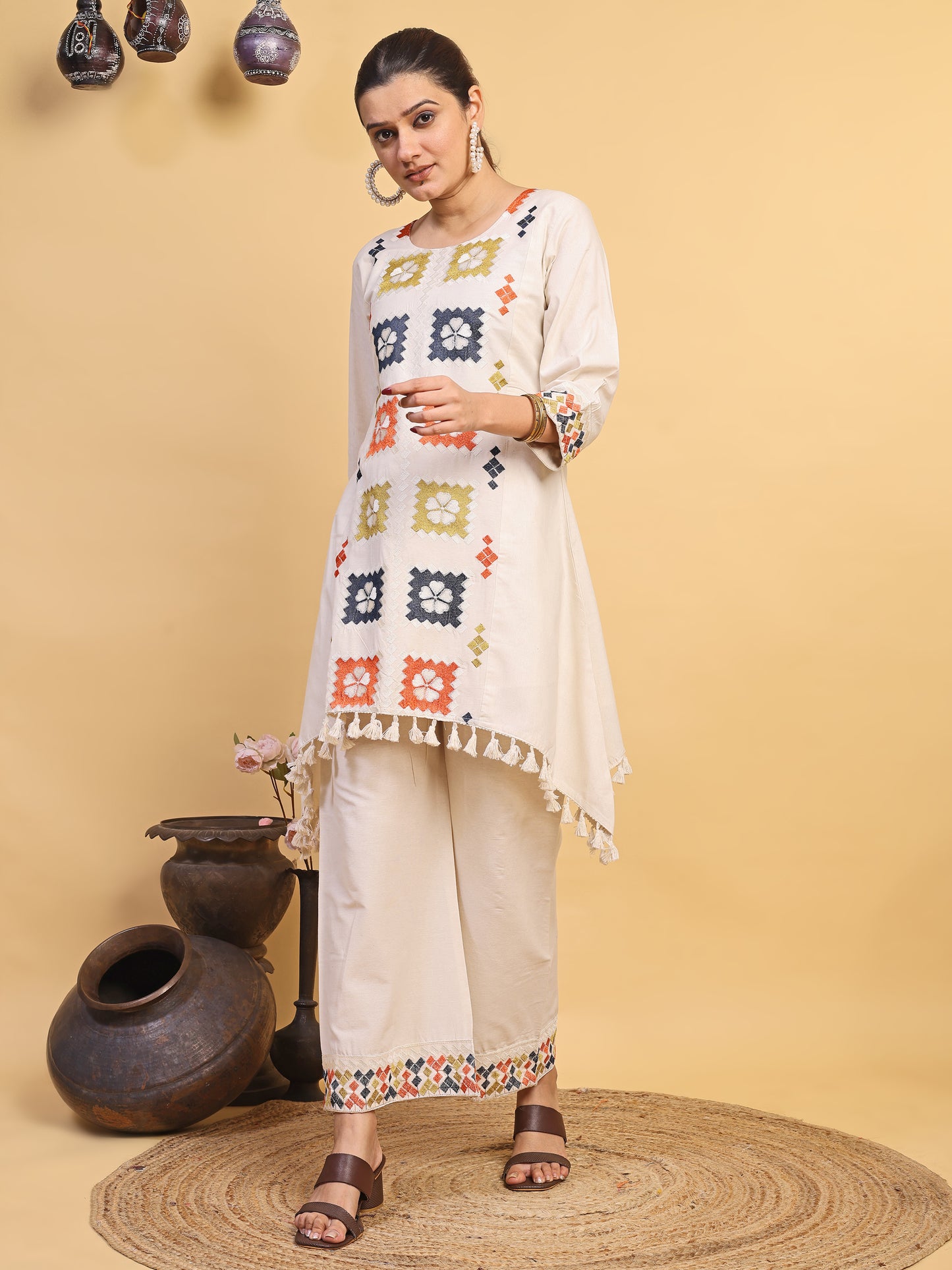 Women's Off White Multicolor Embroidered Asymmetrical Kurta Palazzo Set (RRRD58)