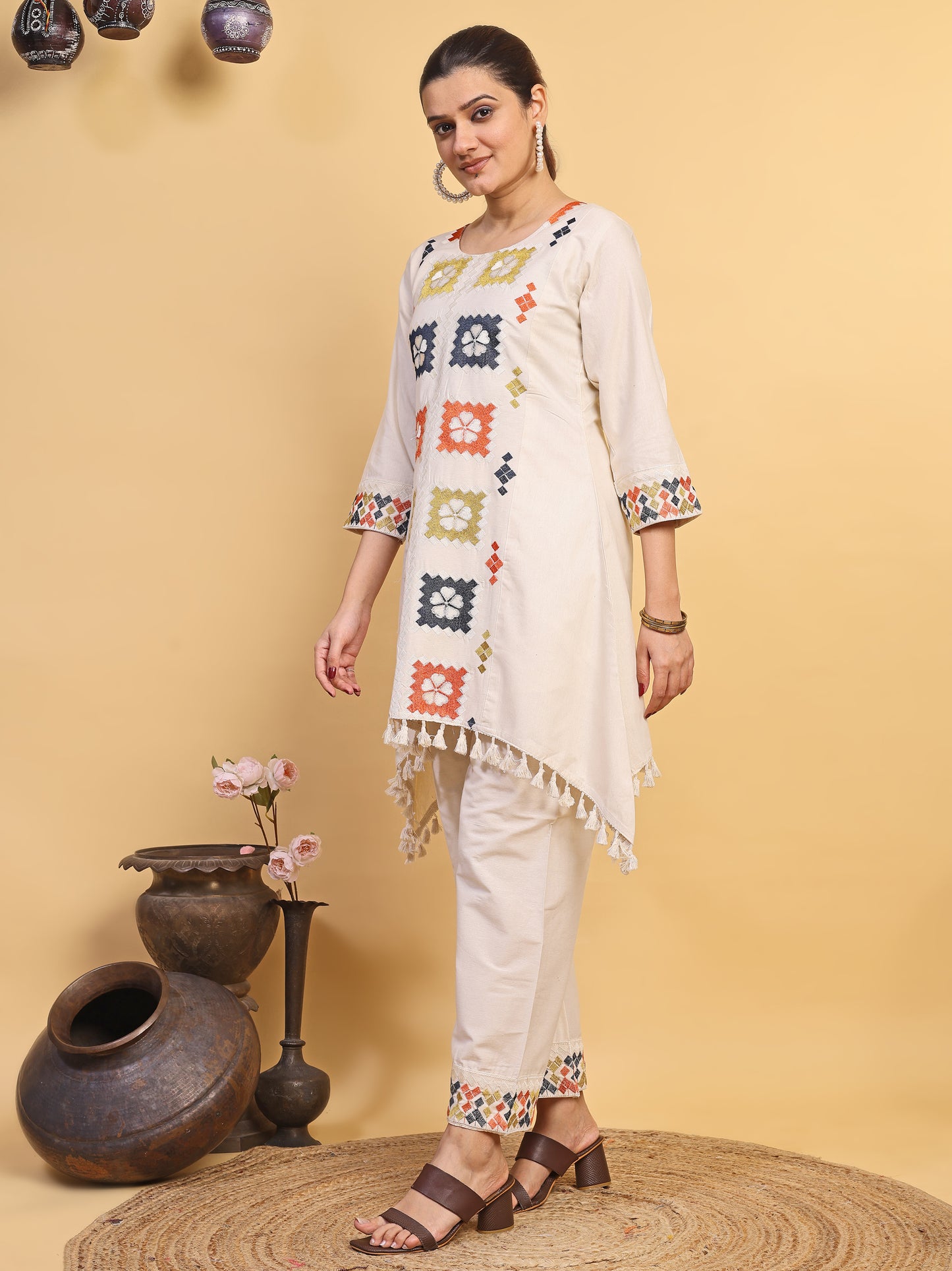 Women's Off White Multicolor Embroidered Asymmetrical Kurta Palazzo Set (RRRD58)