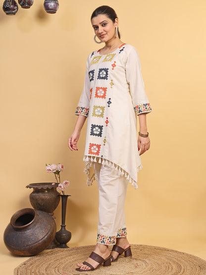 Women's Off White Multicolor Embroidered Asymmetrical Kurta Palazzo Set (RRRD58)
