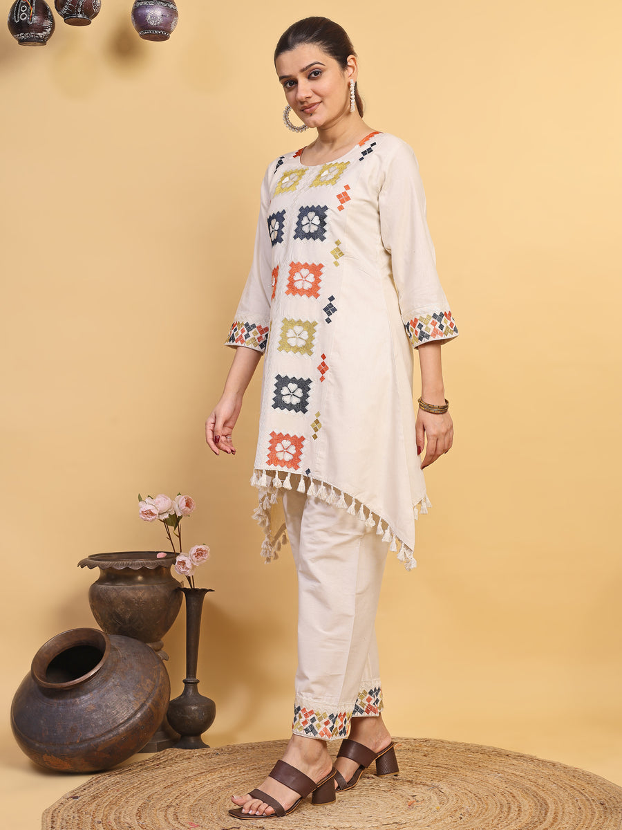 Women's Off White Multicolor Embroidered Asymmetrical Kurta Palazzo Set (RRRD58)