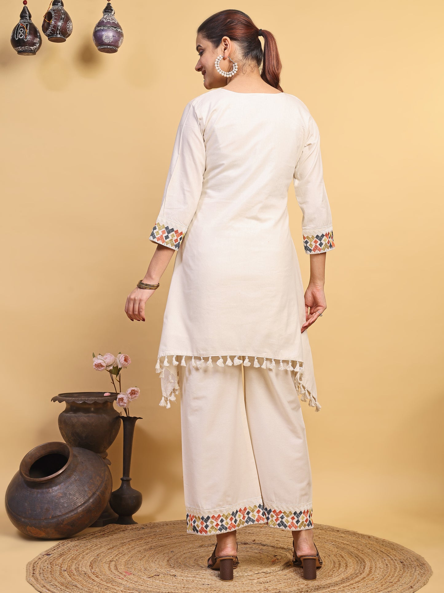 Women's Off White Multicolor Embroidered Asymmetrical Kurta Palazzo Set (RRRD58)