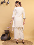 Women's Off White Multicolor Embroidered Asymmetrical Kurta Palazzo Set (RRRD58)