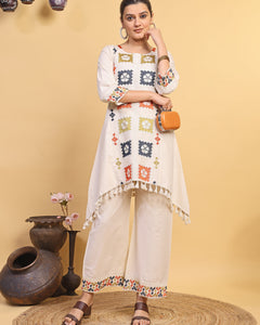 Women's Off White Multicolor Embroidered Asymmetrical Kurta Palazzo Set (RRRD58)