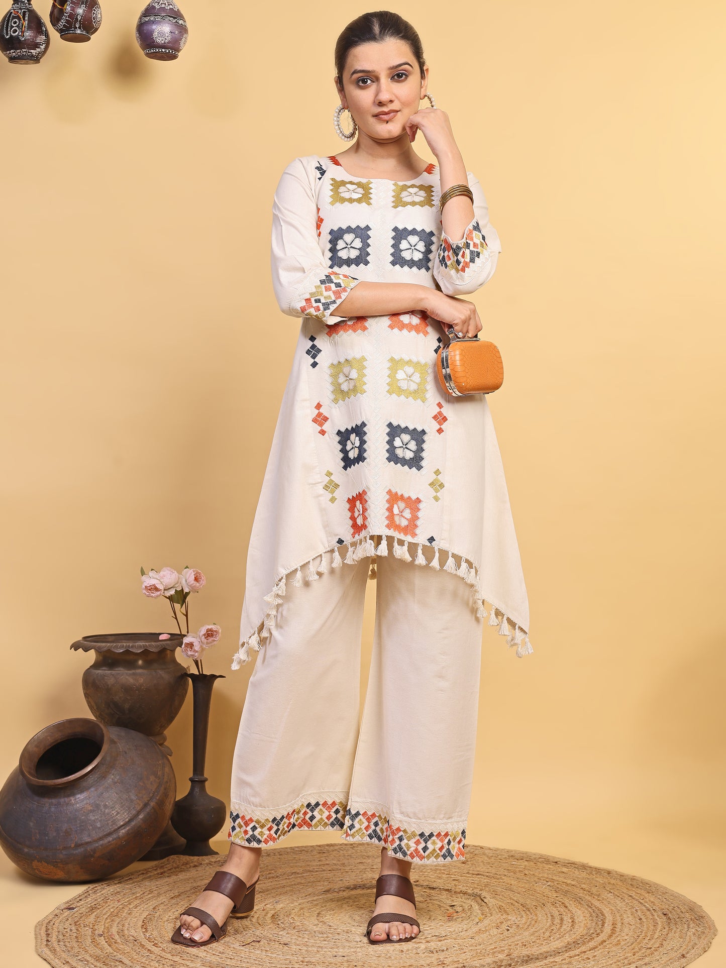 Women's Off White Multicolor Embroidered Asymmetrical Kurta Palazzo Set (RRRD58)
