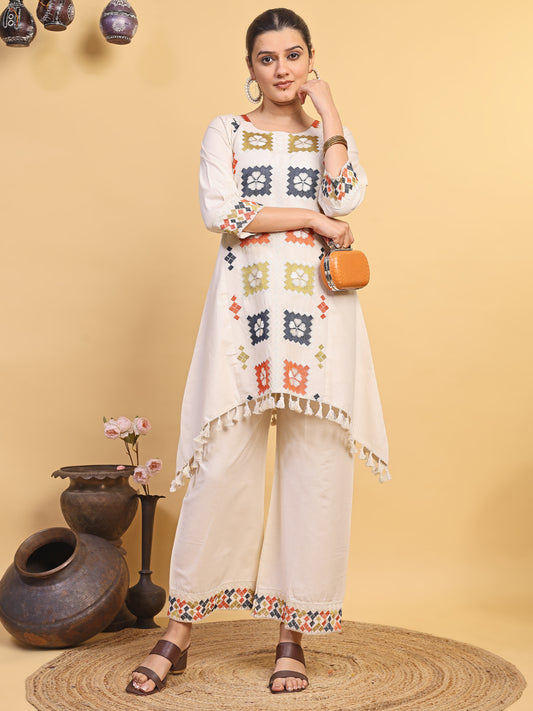 Women's Off White Multicolor Embroidered Asymmetrical Kurta Palazzo Set (RRRD58)