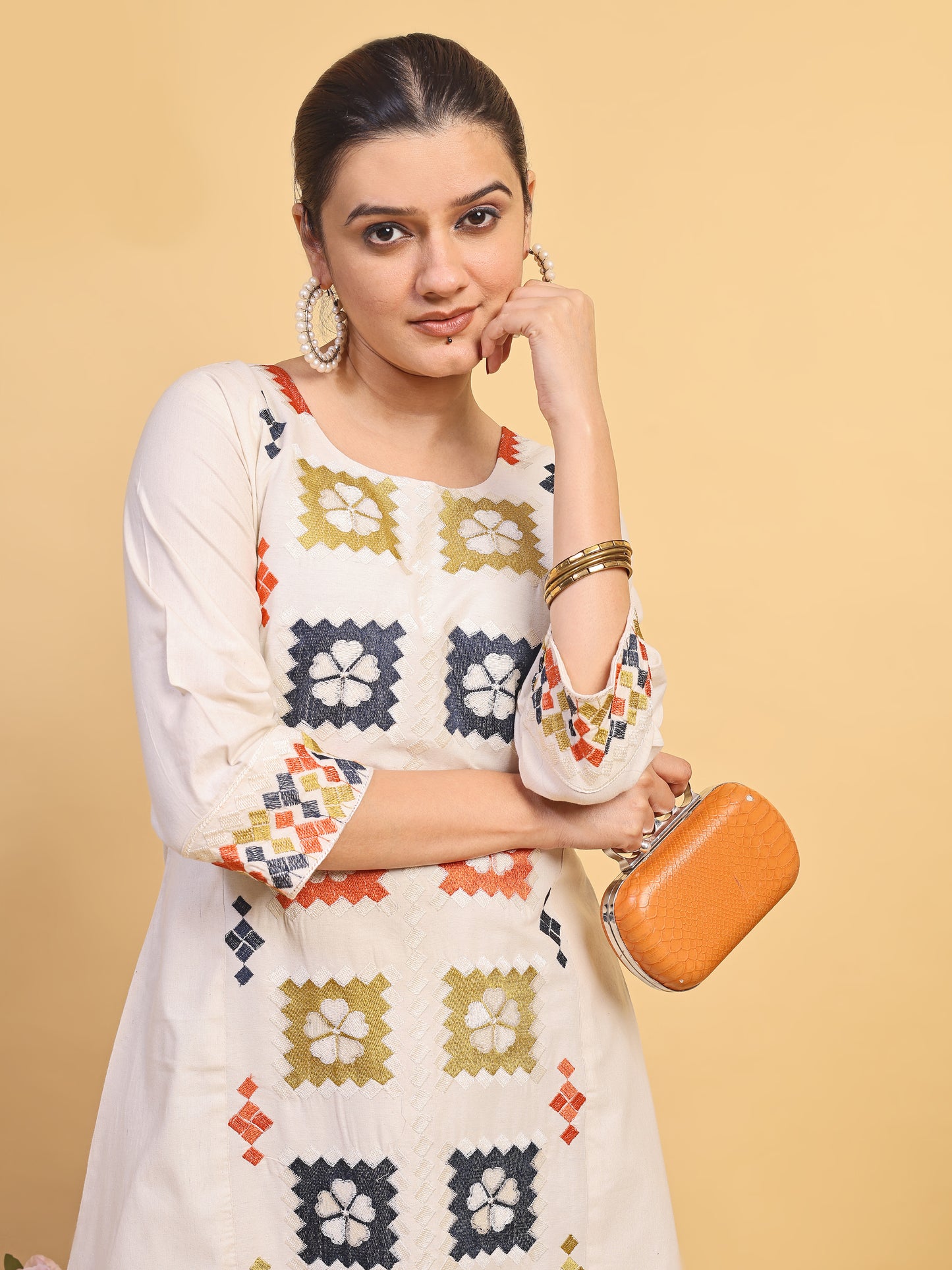 Women's Off White Multicolor Embroidered Asymmetrical Kurta Palazzo Set (RRRD58)