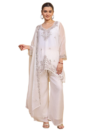 Women's White Floral Embroidered Organza Kurta Pant Set with Embroidered Dupatta (RRRD54)