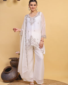 Women's White Floral Embroidered Organza Kurta Pant Set with Embroidered Dupatta (RRRD54)