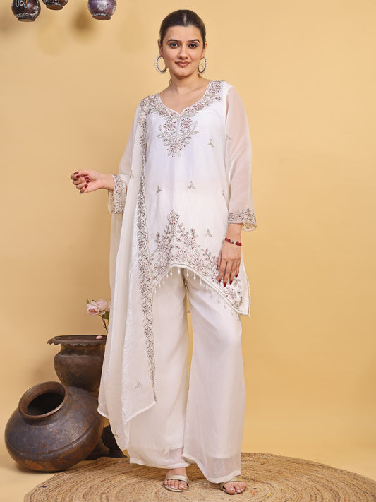 Women's White Floral Embroidered Organza Kurta Pant Set with Embroidered Dupatta (RRRD54)