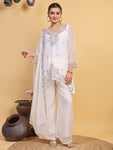 Women's White Floral Embroidered Organza Kurta Pant Set with Embroidered Dupatta (RRRD54)
