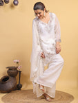Women's White Floral Embroidered Organza Kurta Pant Set with Embroidered Dupatta (RRRD54)