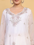 Women's White Floral Embroidered Organza Kurta Pant Set with Embroidered Dupatta (RRRD54)