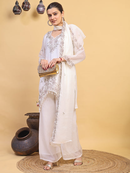Women's White Floral Embroidered Organza Kurta Pant Set with Embroidered Dupatta (RRRD54)