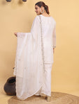 Women's White Floral Embroidered Organza Kurta Pant Set with Embroidered Dupatta (RRRD54)