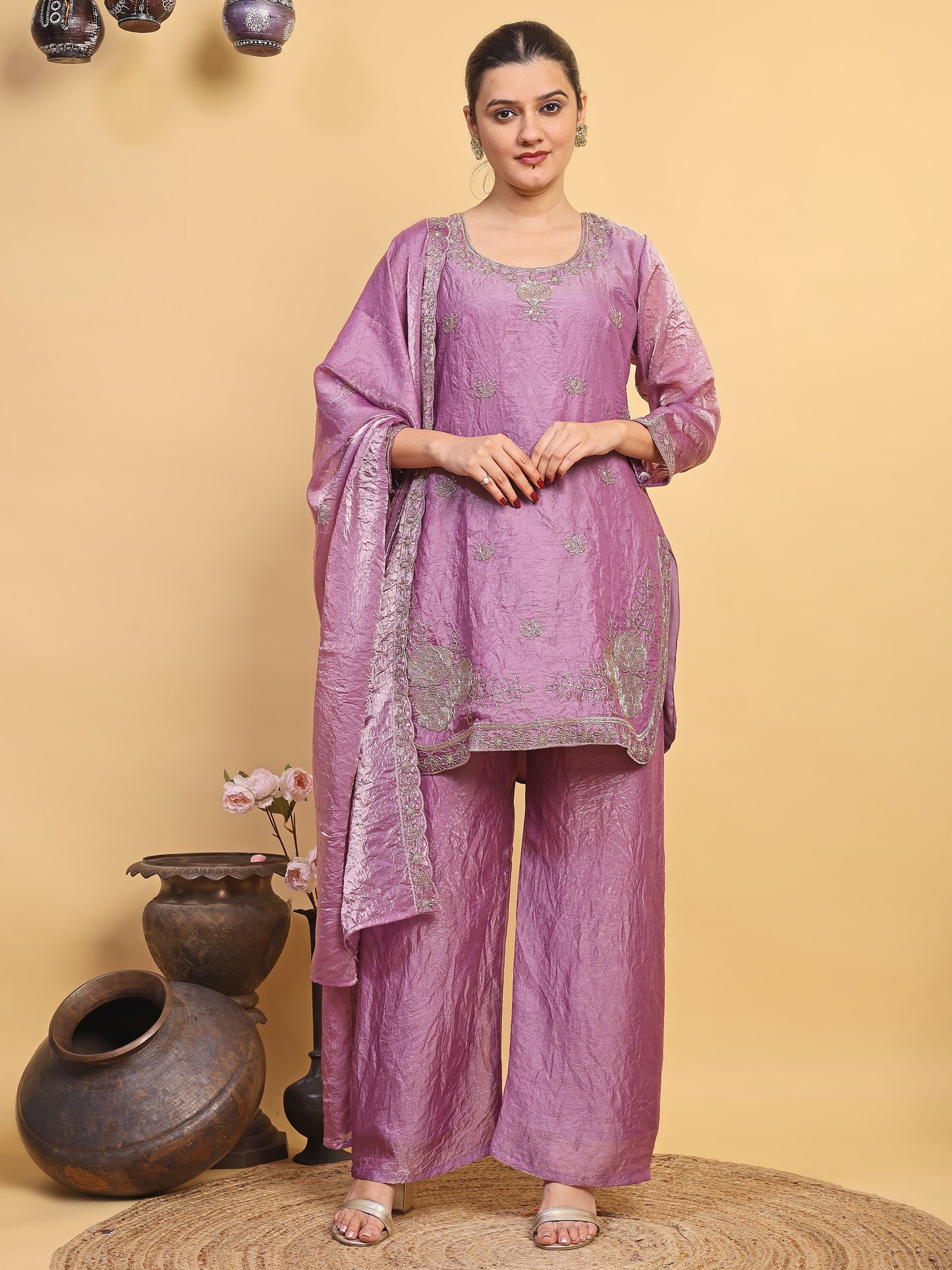 Women's Lavender Embroidered Kurta Pant Set with Matching Dupatta (RRRD56)
