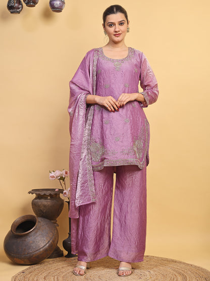 Women's Lavender Embroidered Kurta Pant Set with Matching Dupatta (RRRD56)