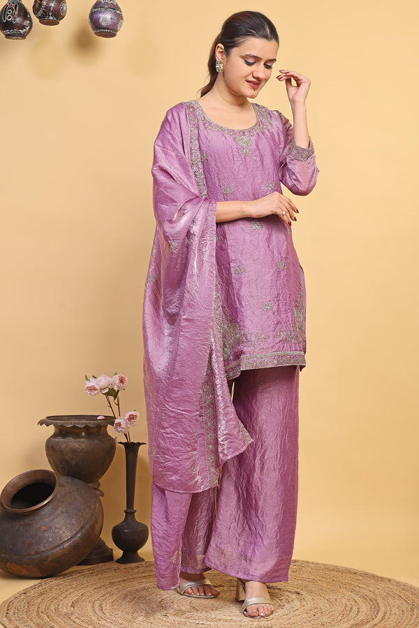 Women's Lavender Embroidered Kurta Pant Set with Matching Dupatta (RRRD56)