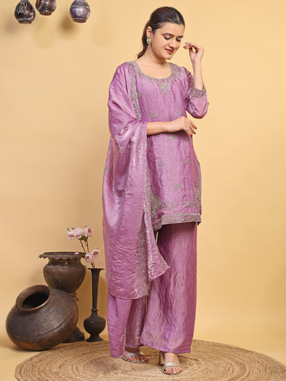 Women's Lavender Embroidered Kurta Pant Set with Matching Dupatta (RRRD56)