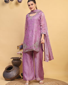 Women's Lavender Embroidered Kurta Pant Set with Matching Dupatta (RRRD56)