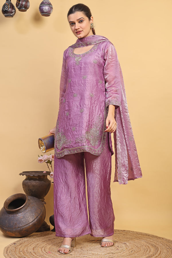 Women's Lavender Embroidered Kurta Pant Set with Matching Dupatta (RRRD56)