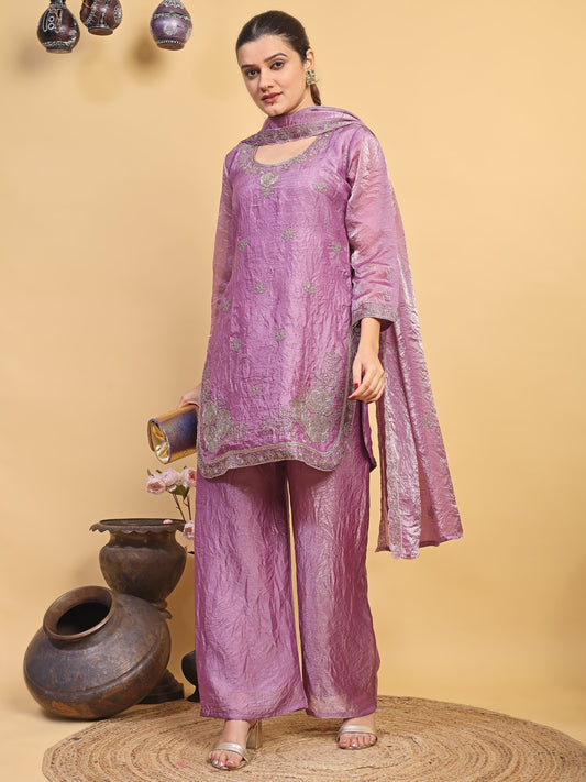 Women's Lavender Embroidered Kurta Pant Set with Matching Dupatta (RRRD56)