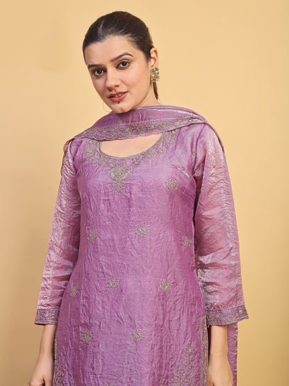 Women's Lavender Embroidered Kurta Pant Set with Matching Dupatta (RRRD56)